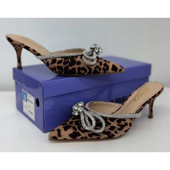 LILIANA / Romantic-1 Leopard Print / Pointed Toe Mules With Rhinestone Bow Embel - Picture 9 of 9